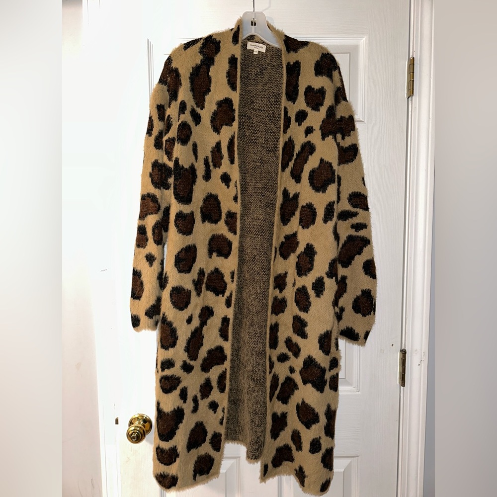 Leopard print fuzzy longline cardigan